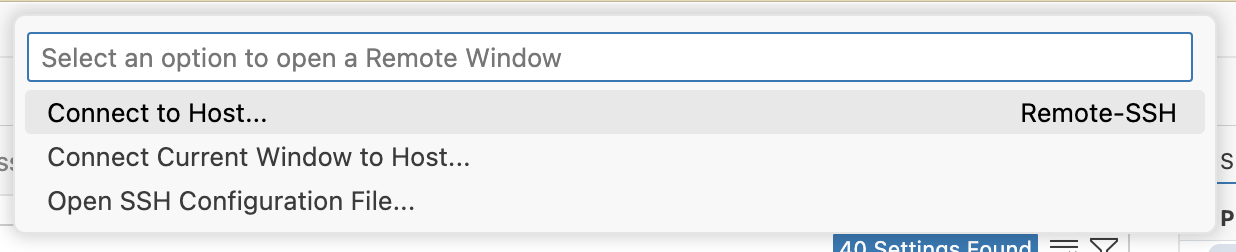 Remote SSH menu showing options including Connect to Host, Connect Current Window to Host, and Configure SSH Hosts.