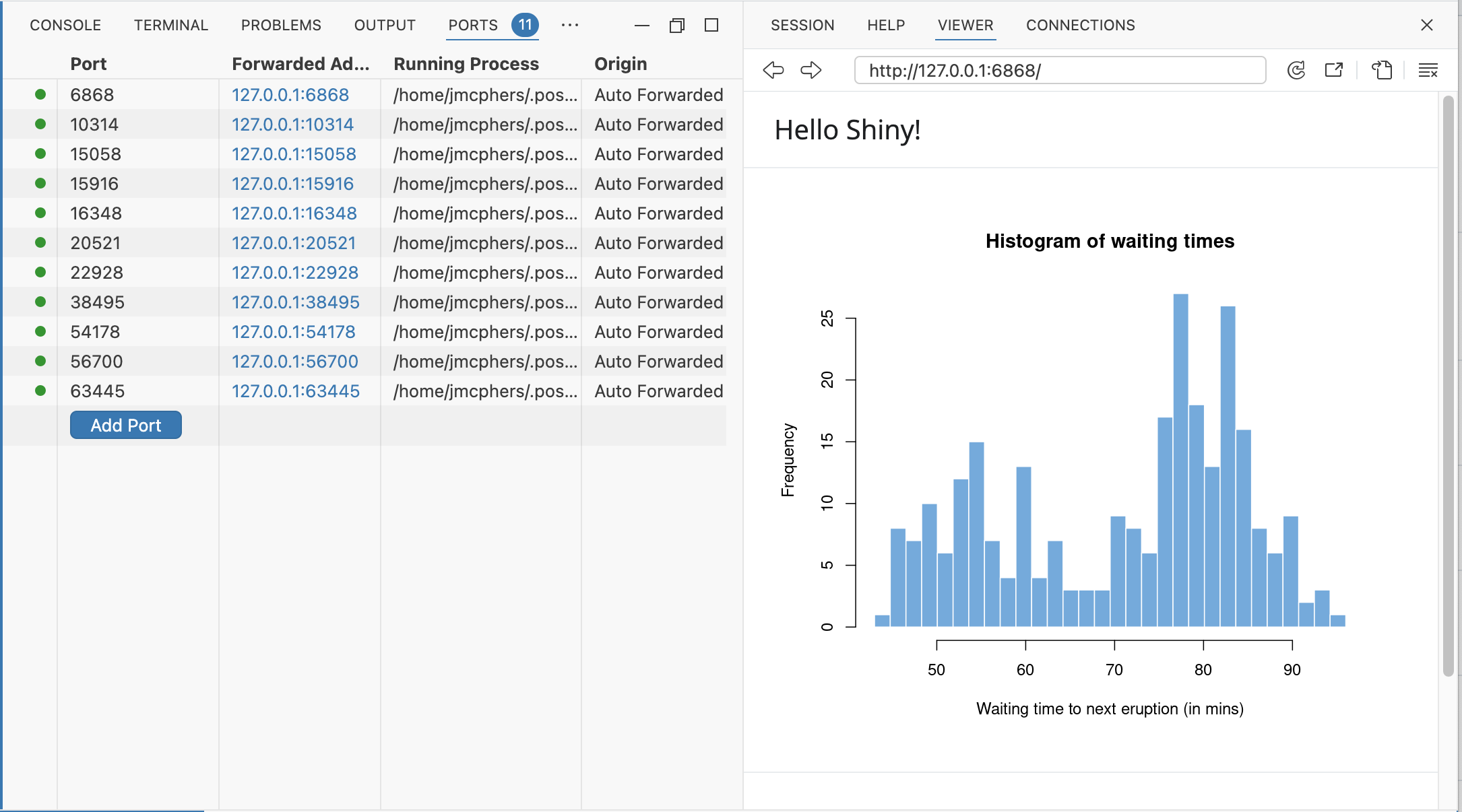 Ports panel showing multiple forwarded ports with a Shiny app displaying 'Hello Shiny!' and a histogram in the Viewer pane.