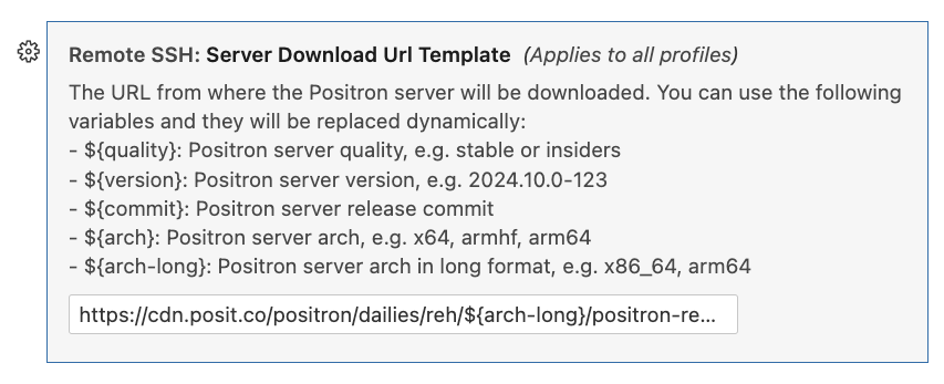 Positron settings panel showing the Remote SSH Server Download URL Template field with a text input for a custom URL.
