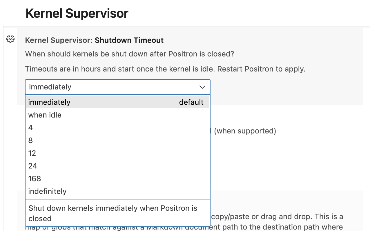 Settings panel showing Kernel Supervisor Shutdown Timeout dropdown with options including never, when idle, and various time intervals.