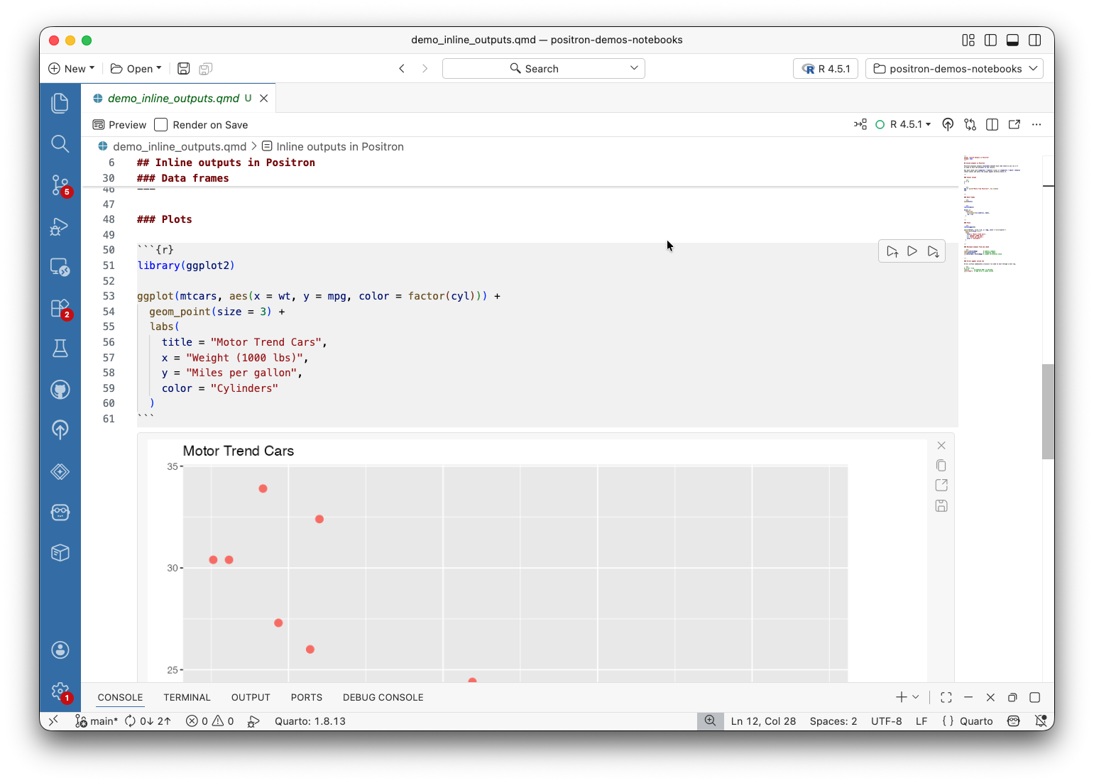 Inline outputs rendered in a Quarto file