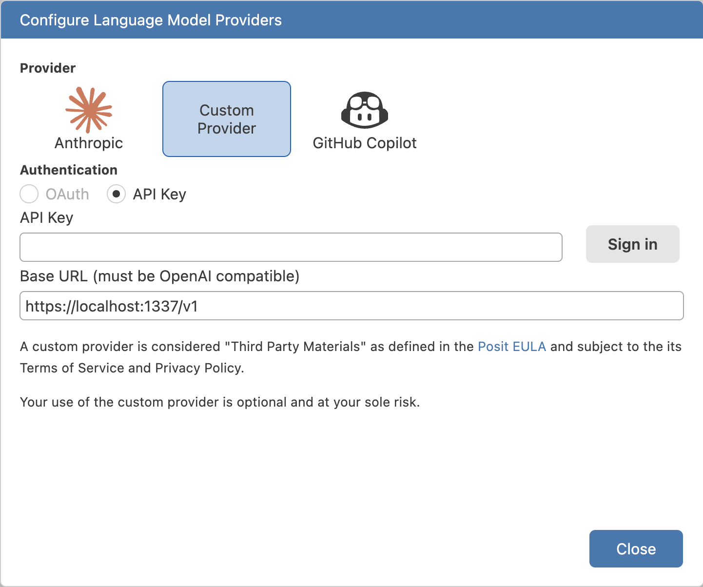 Custom Provider selected in provider modal