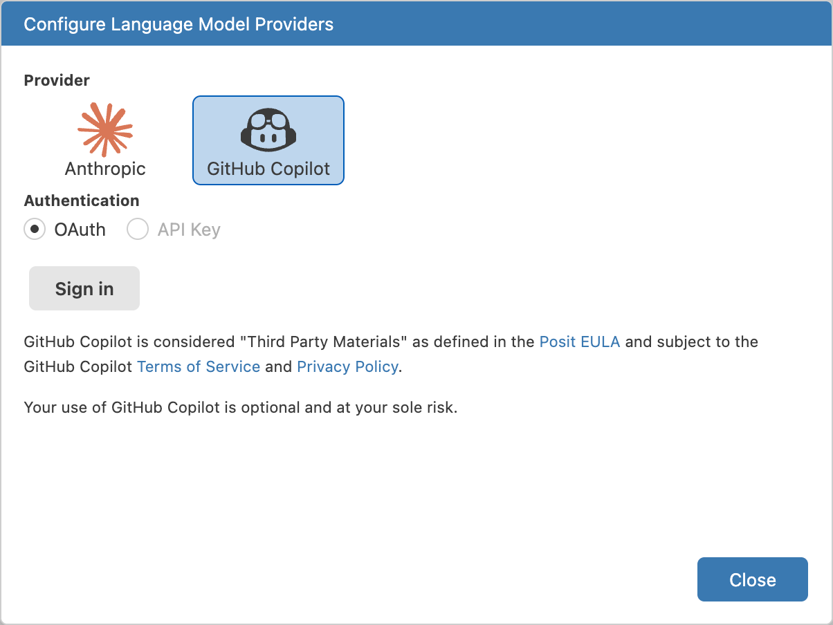 GitHub Copilot selected in Provider modal
