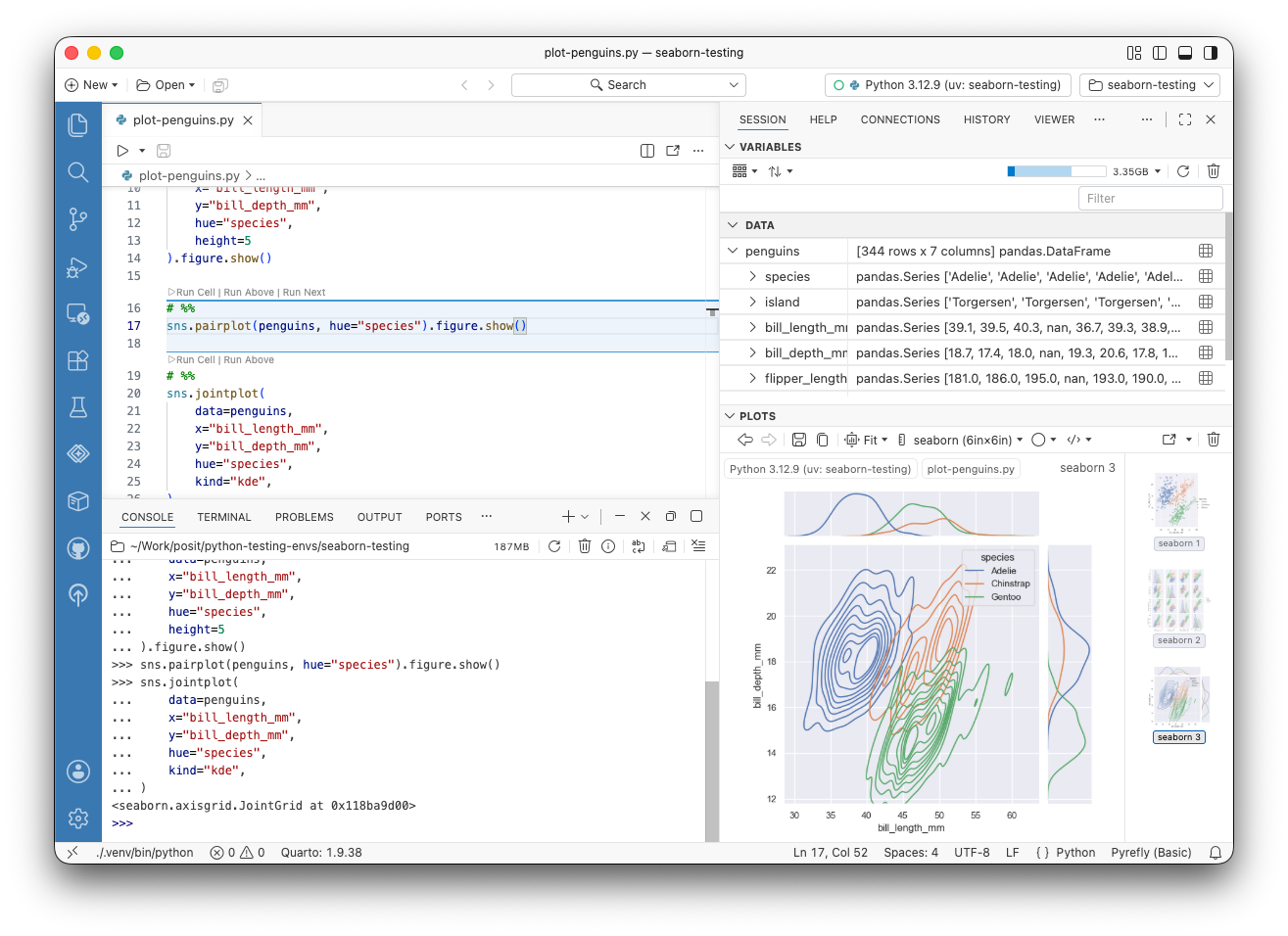 Positron IDE showing a Python script with several code cells separated by cell delimiter comments. The cell containing the cursor is highlighted, Run Cell links appear above each cell, and the Console pane shows the output of the last cell.