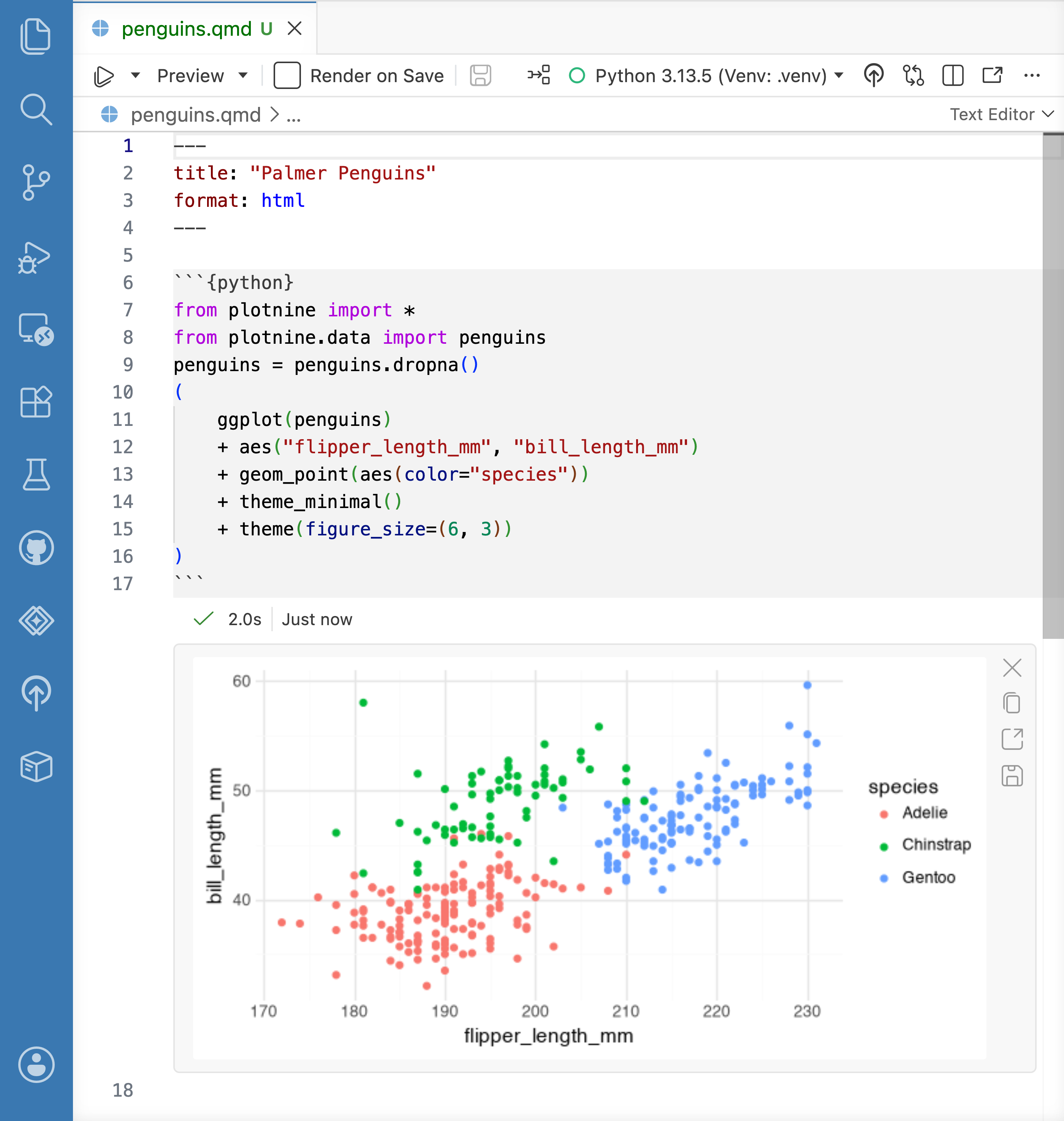 A Quarto document in Positron with a Python code cell and its scatter plot of penguin measurements shown inline below the cell.