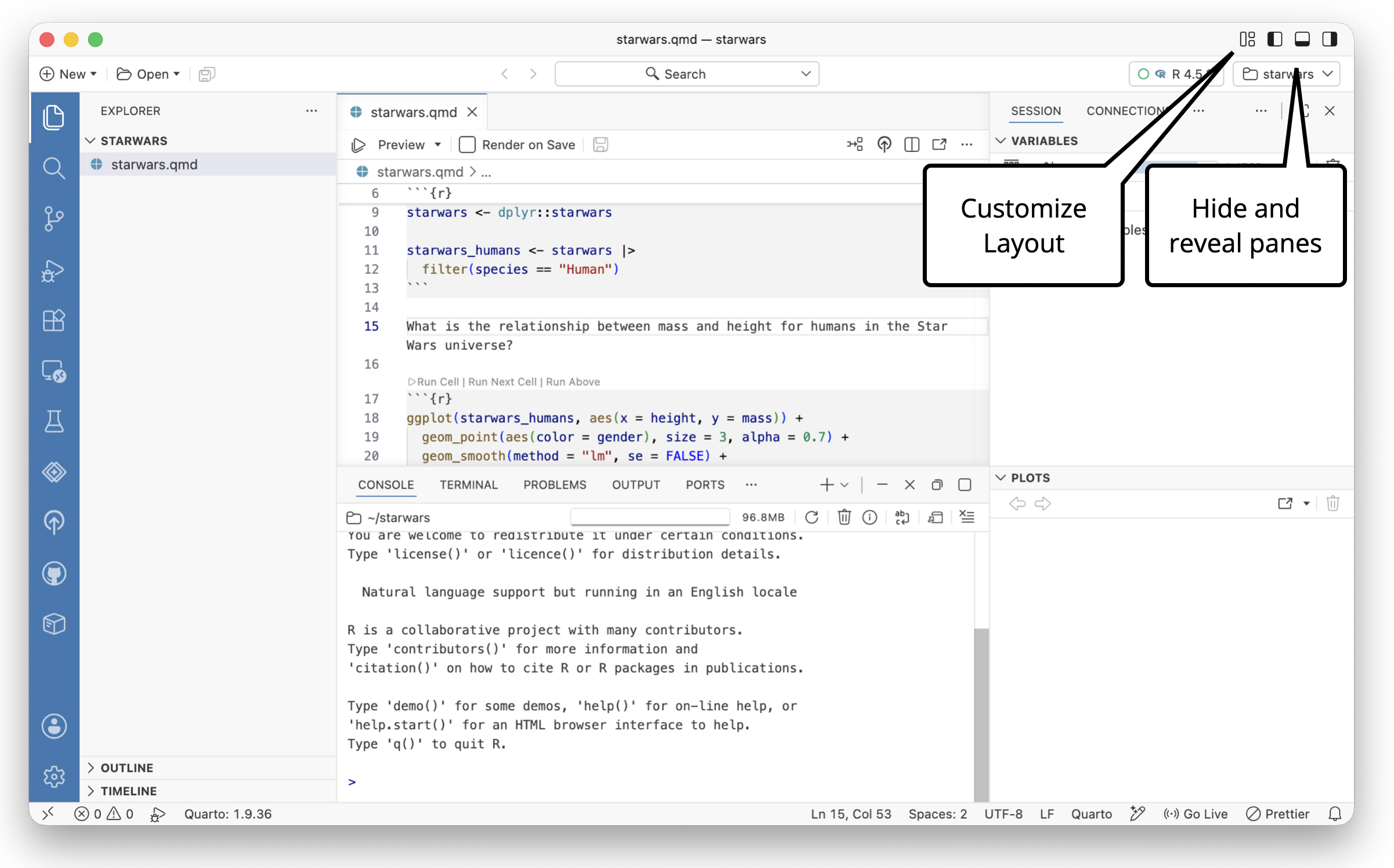 A screenshot of Positron with the layout buttons at the top right of the IDE labelled.