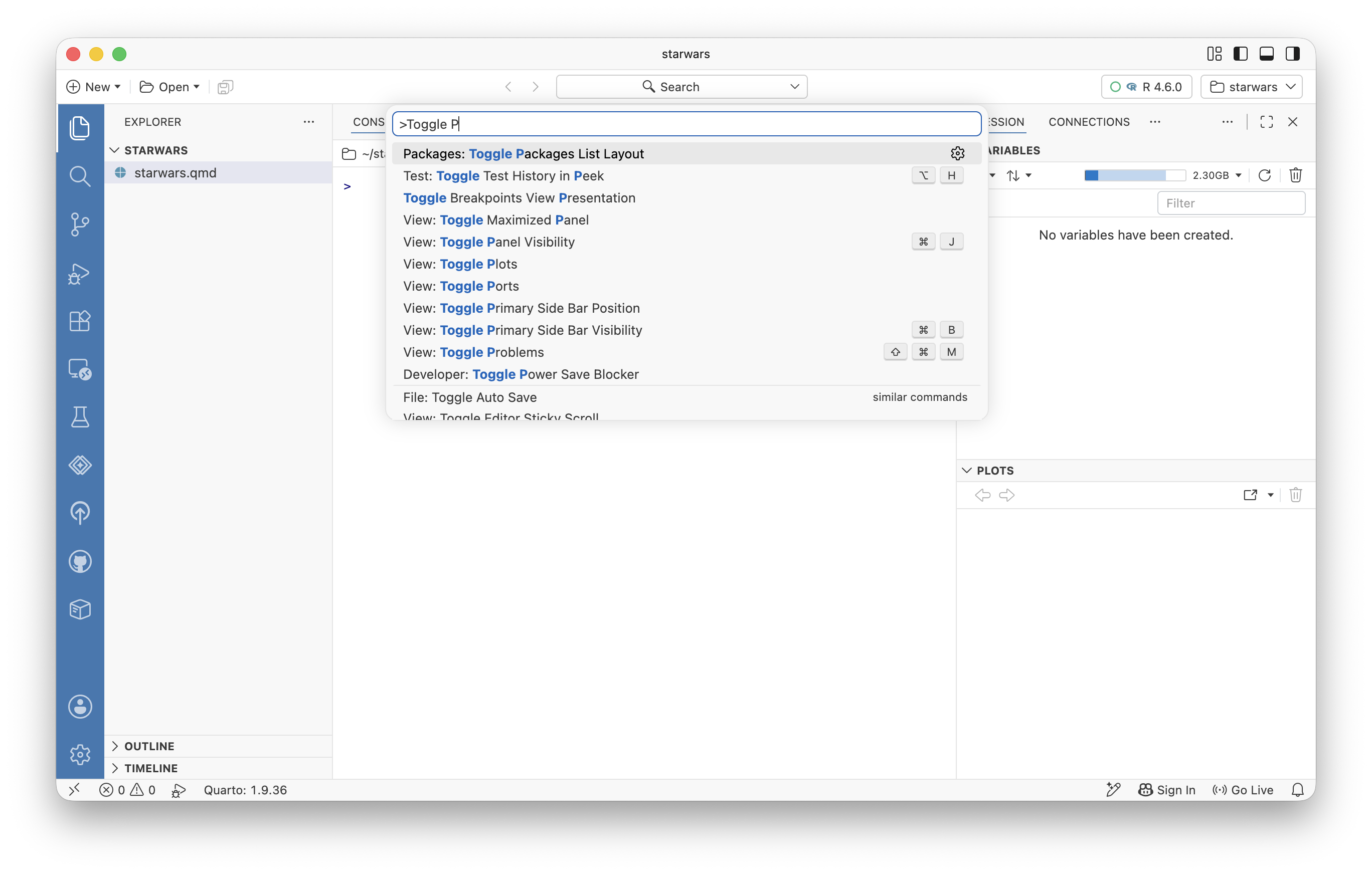 A screenshot of the Positron IDE with the Command Palette open.