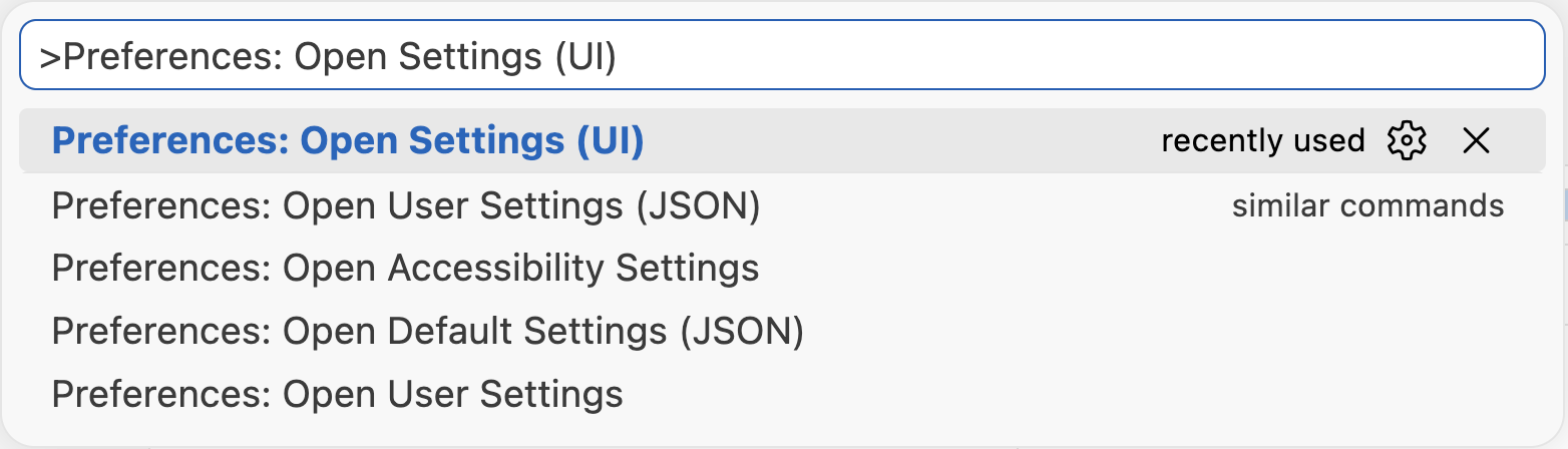 The Command Palette displaying _Preferences: Open Settings (UI)_.