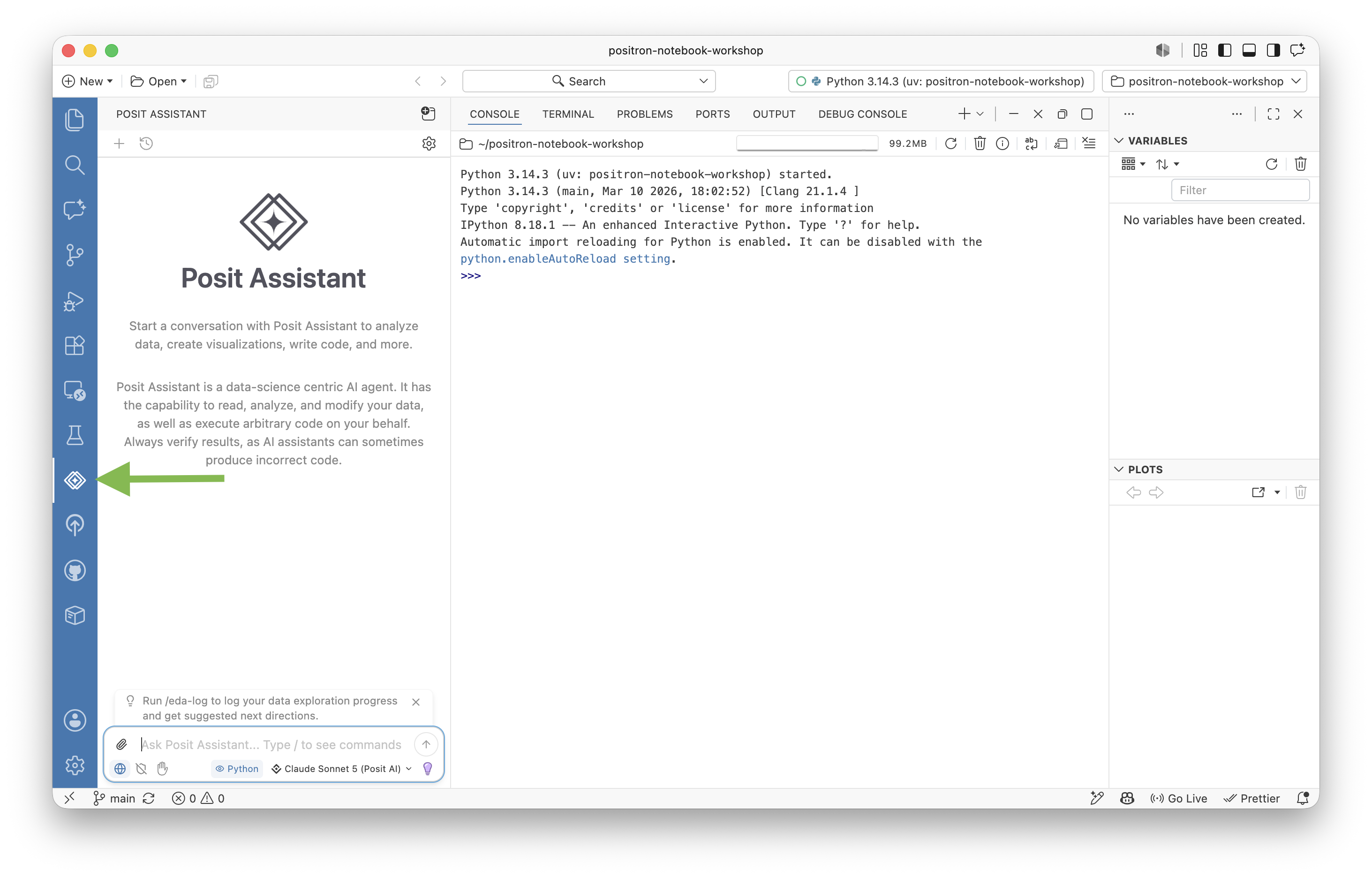 Positron with Posit Assistant loaded in the left sidebar.