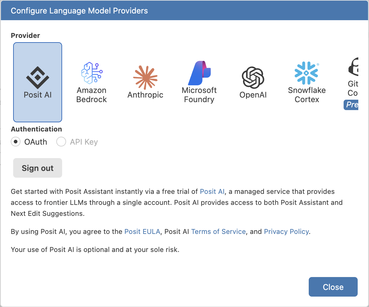 The Posit Assistant Configure Language Model Providers window.