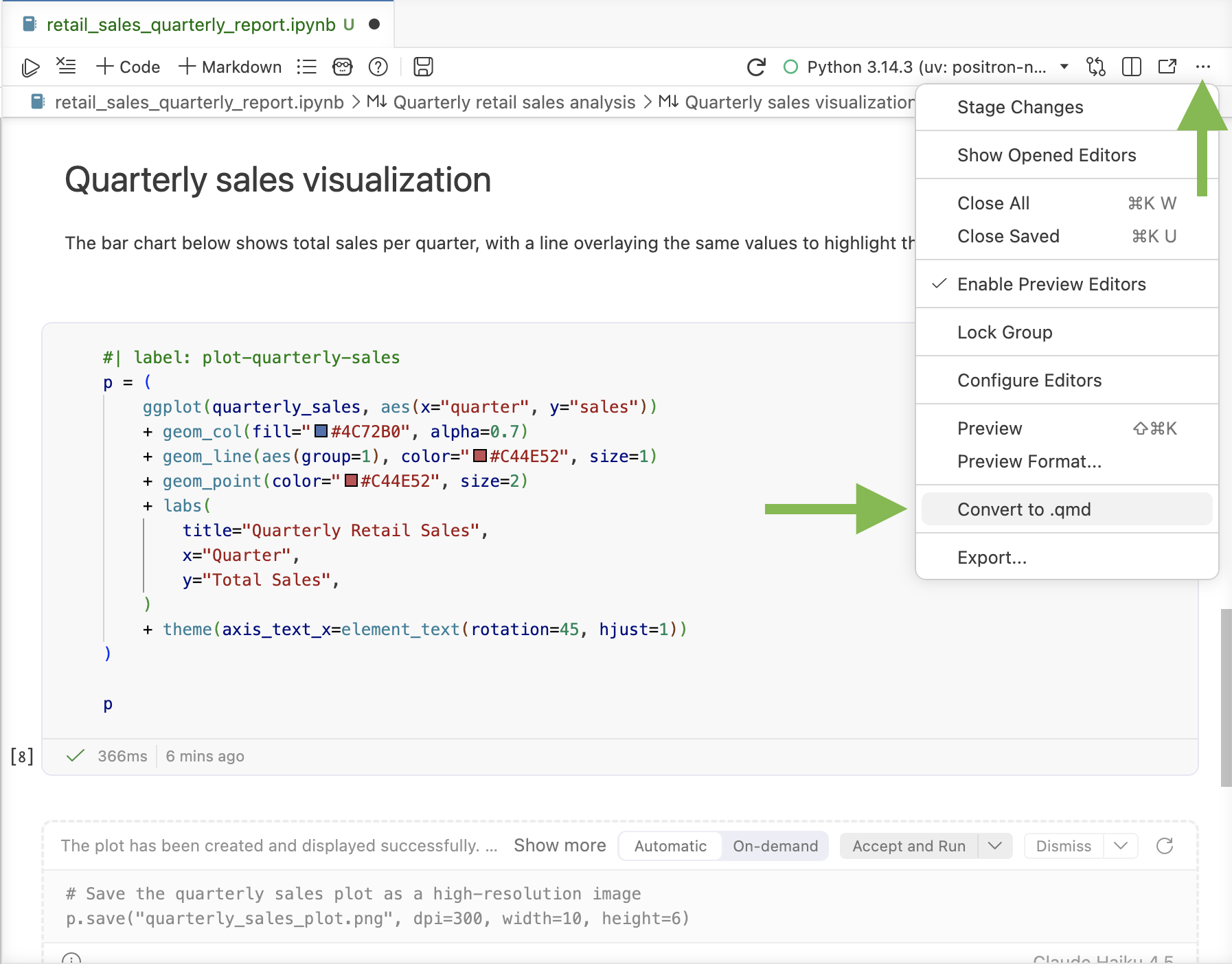 The Convert to .qmd item highlighted in the menu of the notebook pane.