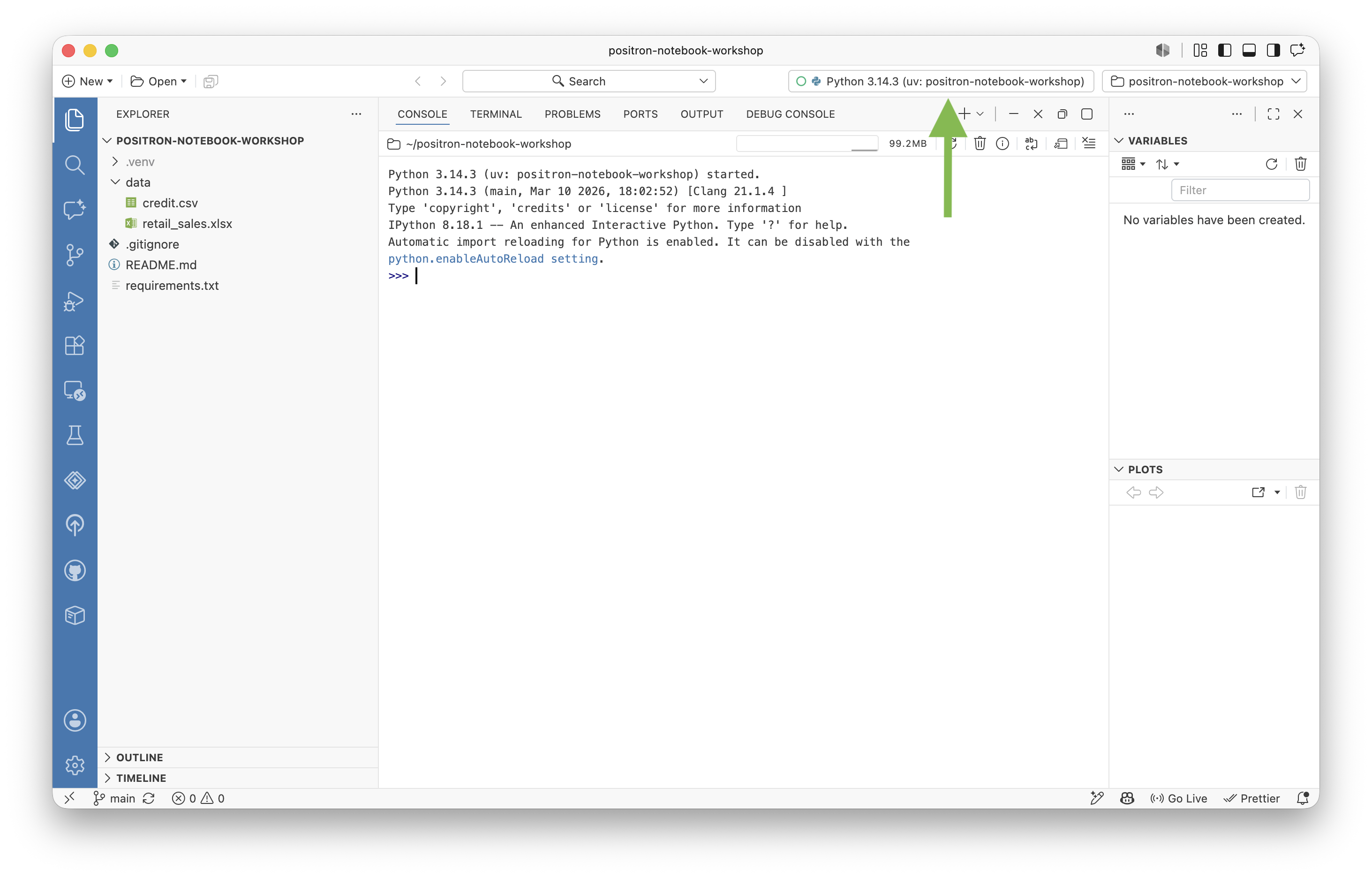 Positron displaying the new environment as the active interpreter, shown in the interpreter picker in the top right.