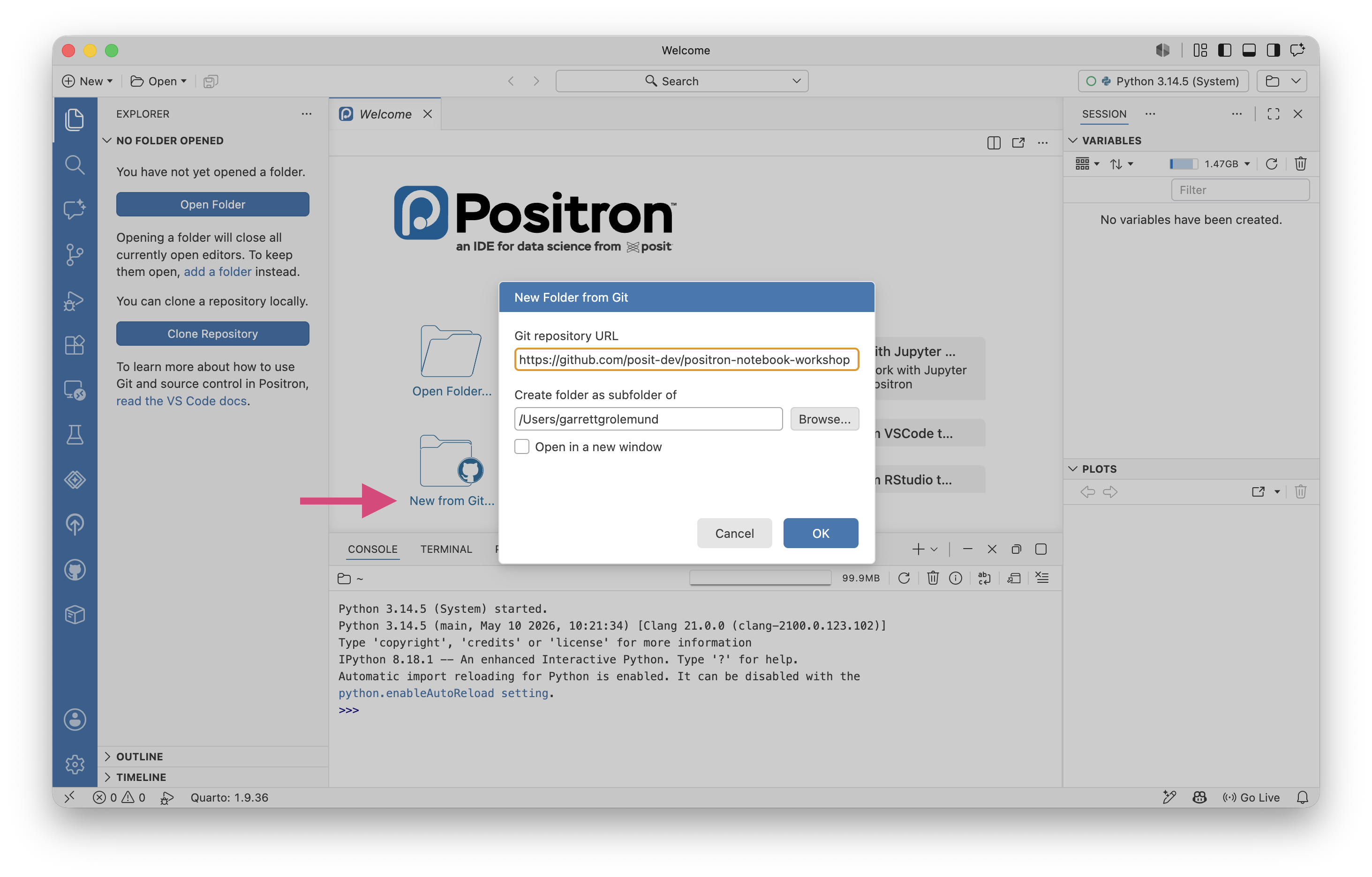 The Positron IDE displaying the New Folder from Git wizard.