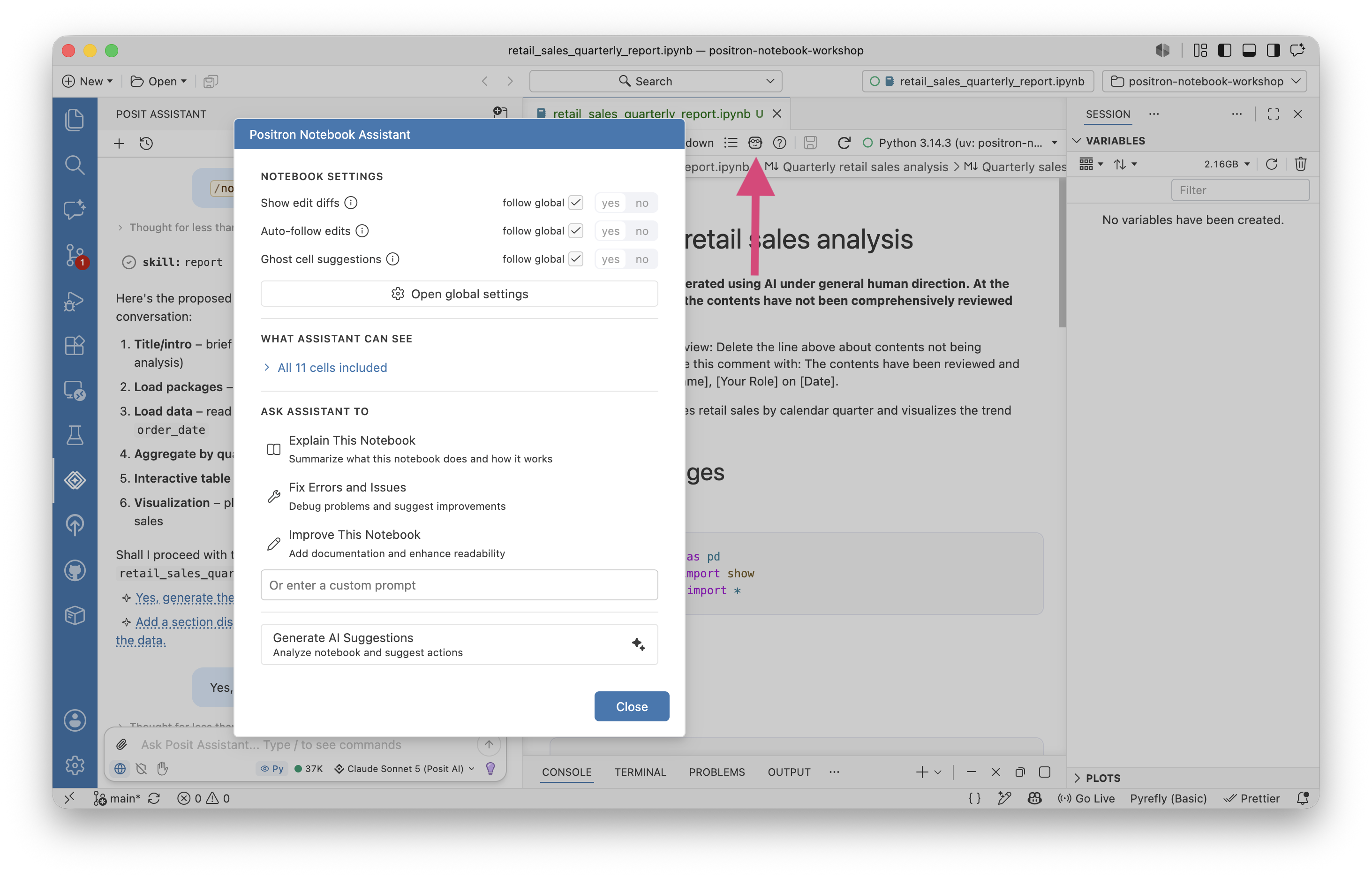 Notebook Assistant panel showing context cells, quick actions like Fix, Explain, and Improve, and AI-generated suggestions based on the notebook state.