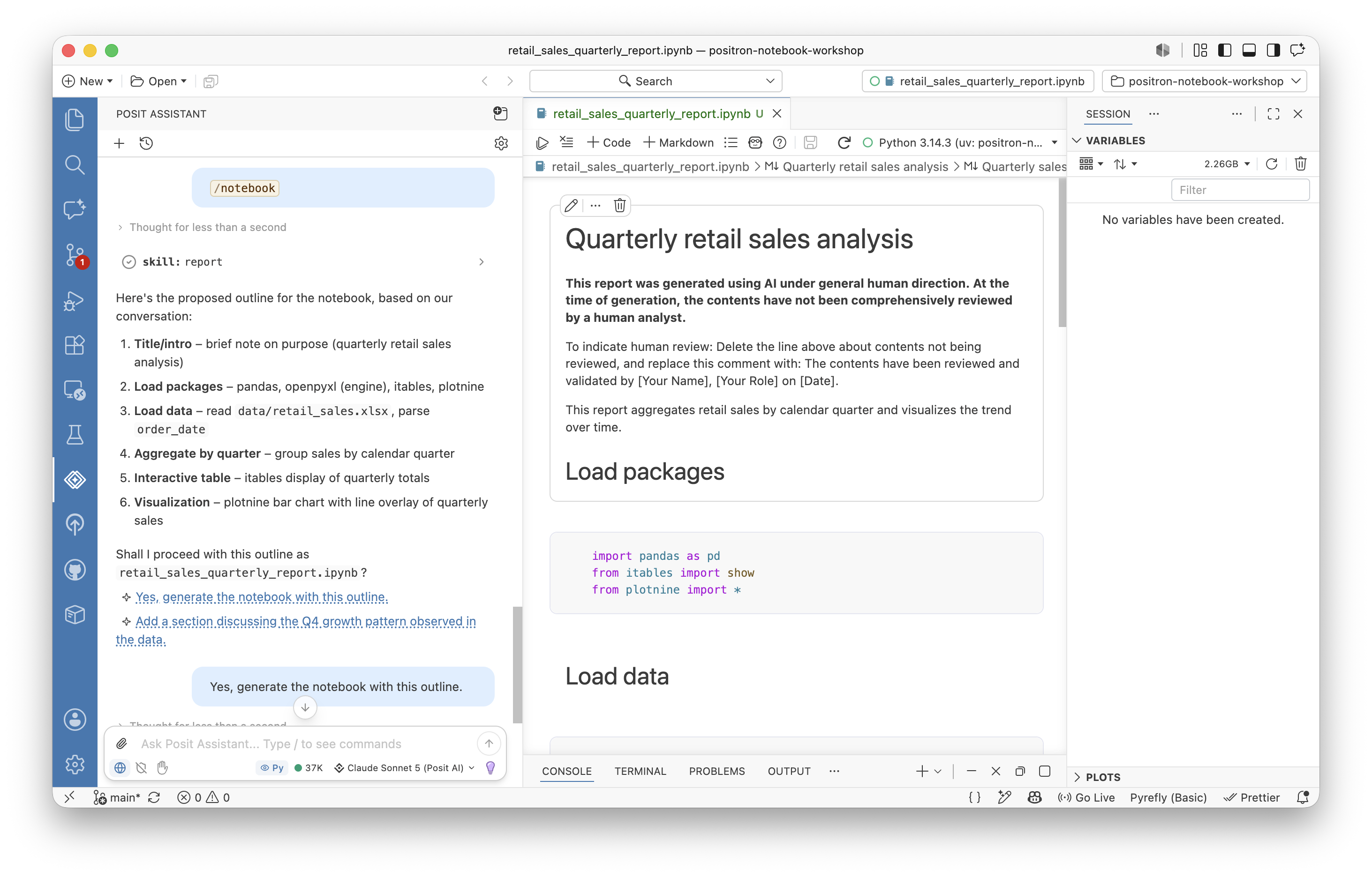 Positron in Notebook Layout mode with a notebook open.