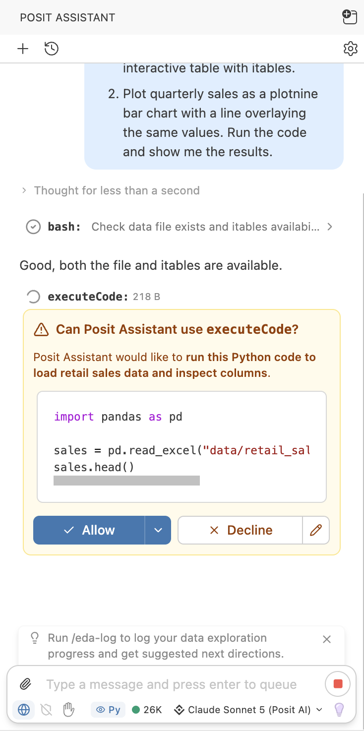 A chat with Posit Assistant asking permission to run lines of code.