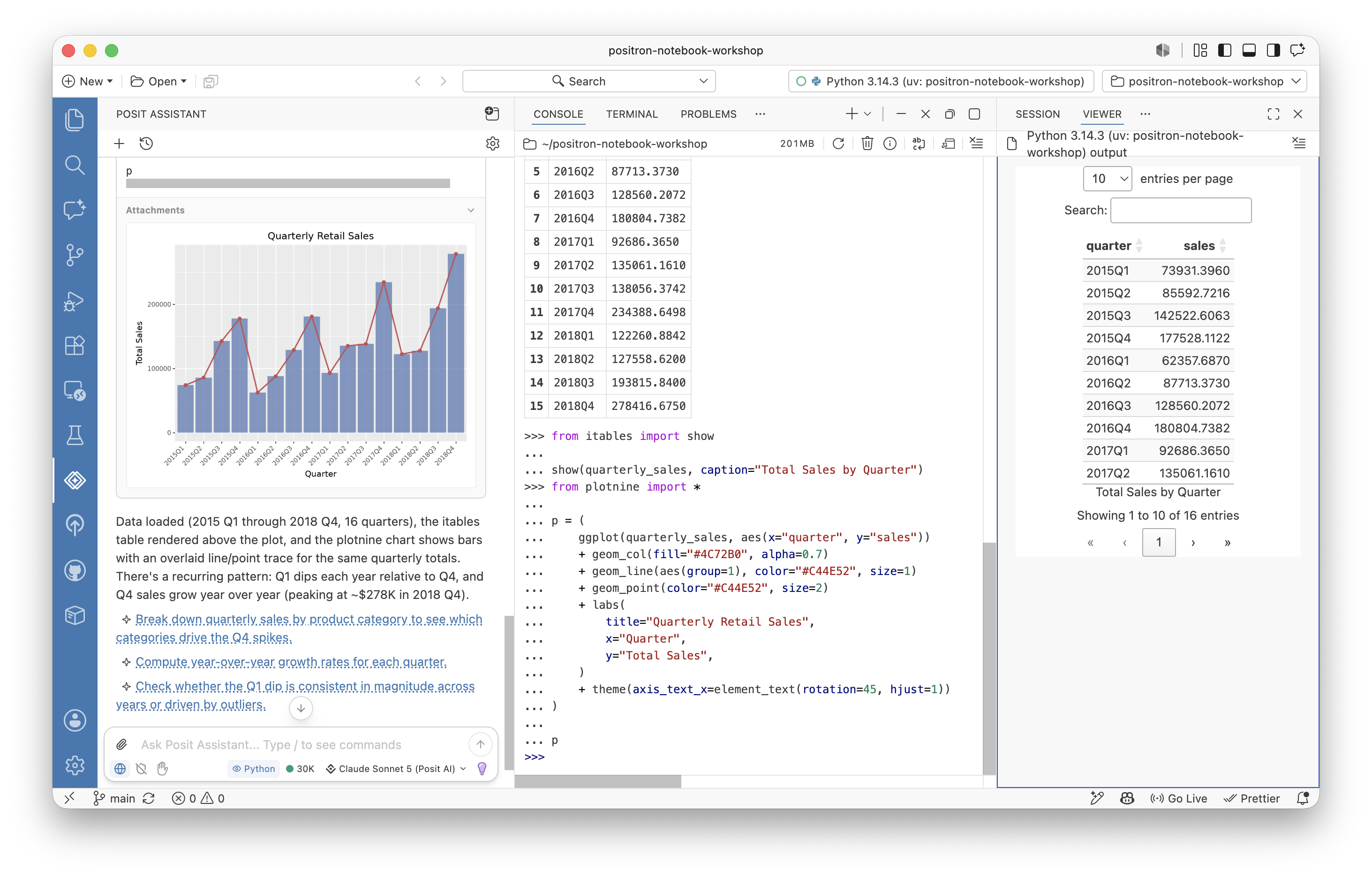 The Positron IDE showing a chart in the chat and a table in the viewer sidebar.