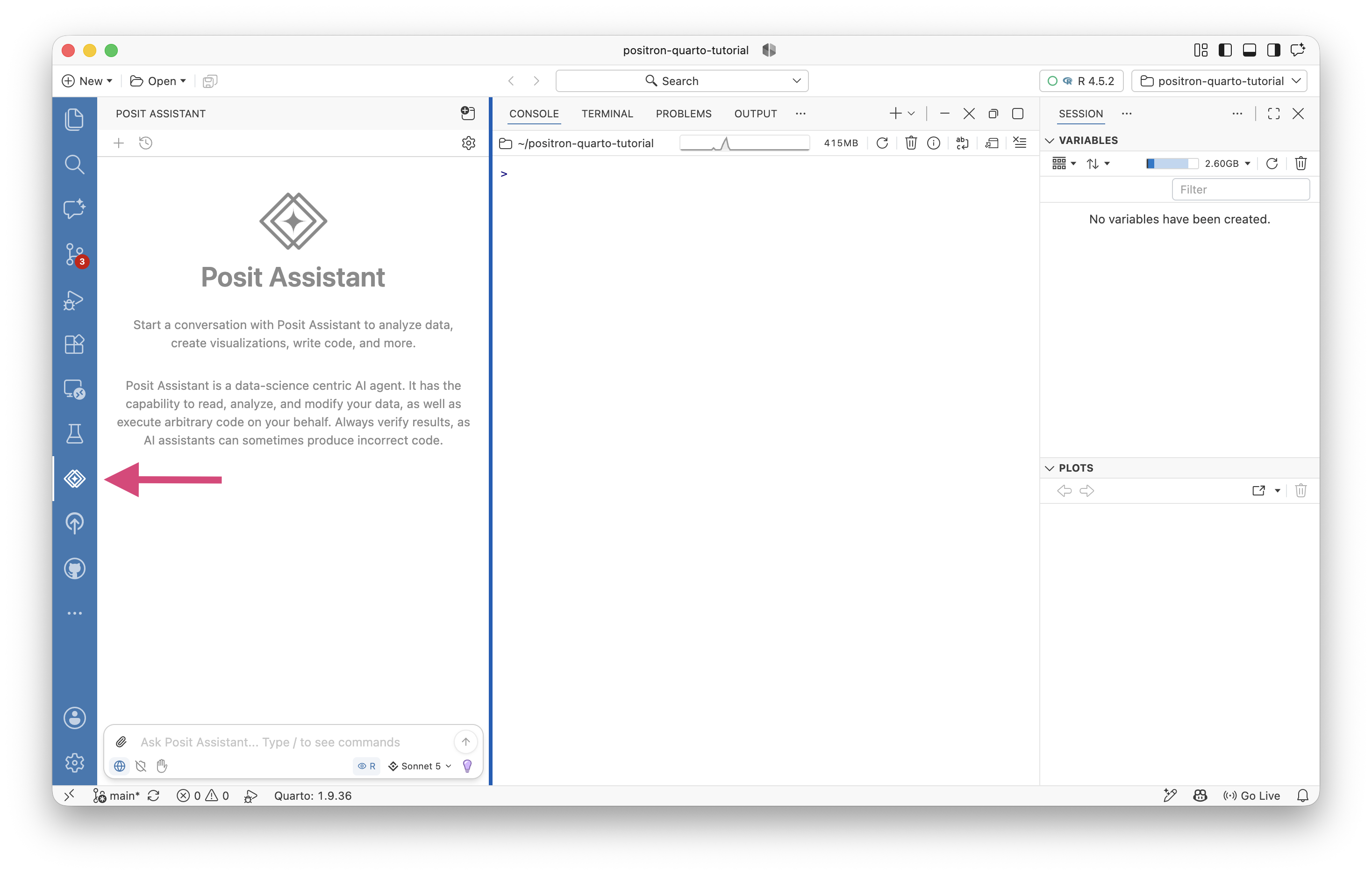 Positron with Posit Assistant loaded in the left sidebar.