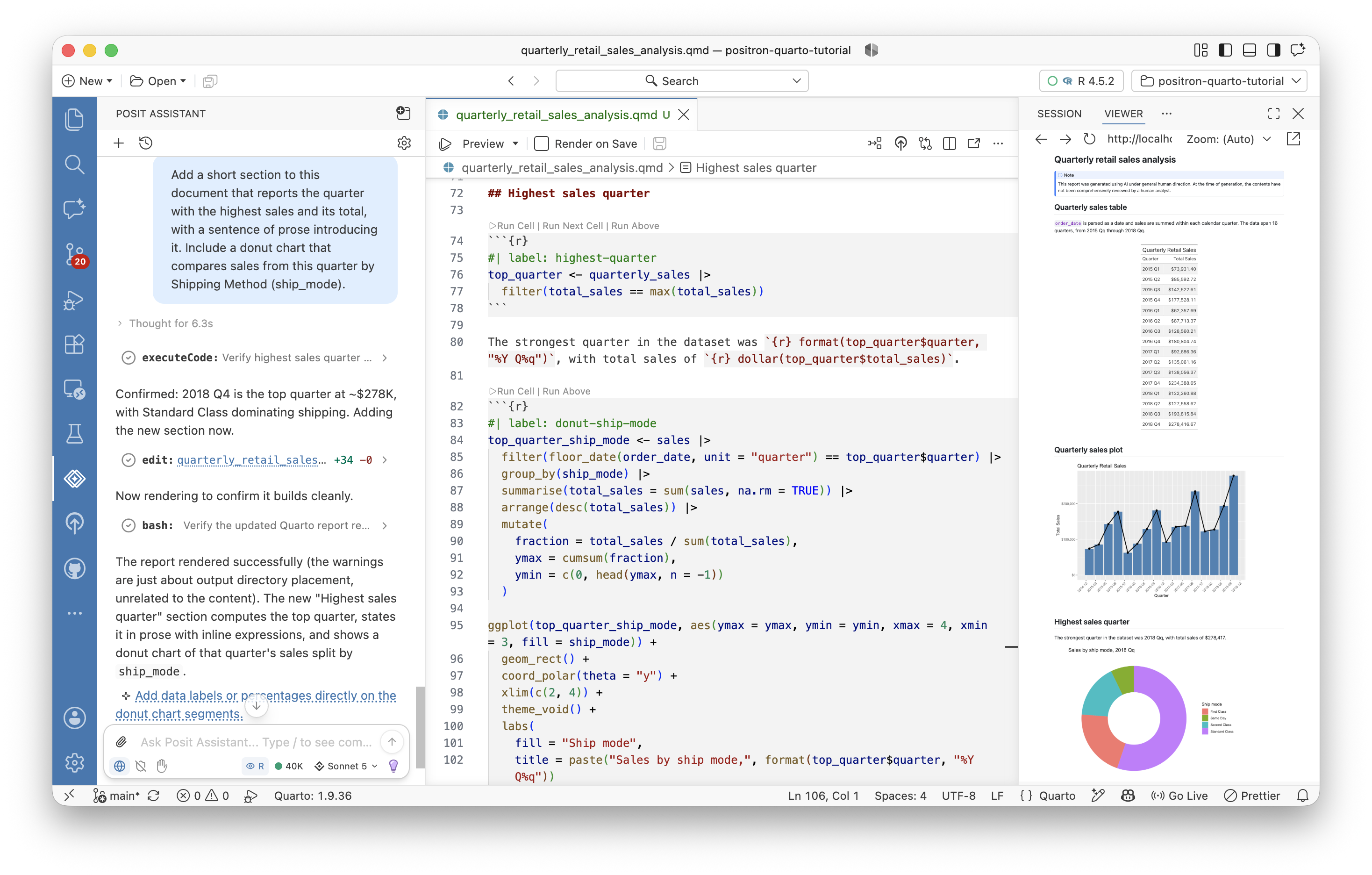 Positron showing a preview of the quarto document, which now contains a section with a donut chart.