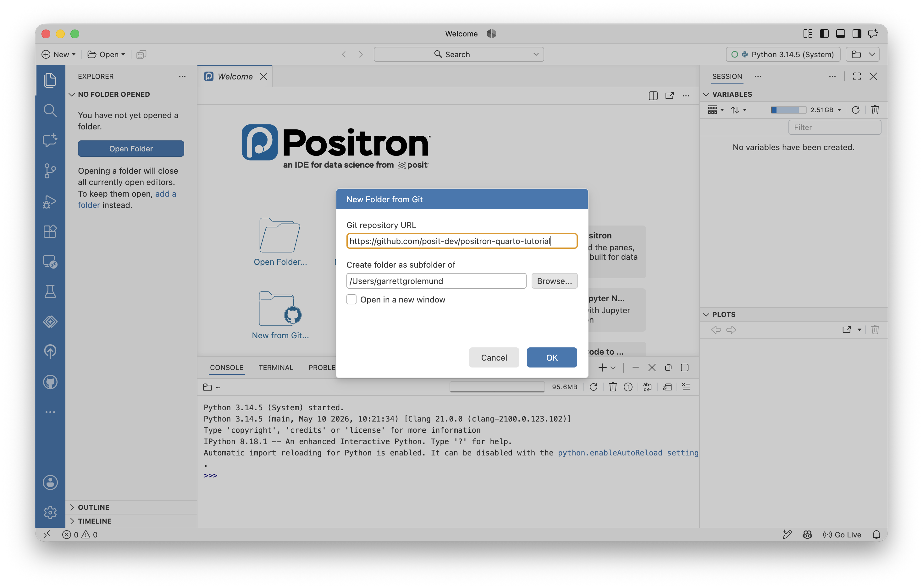 The Positron IDE displaying the New Folder from Git wizard.