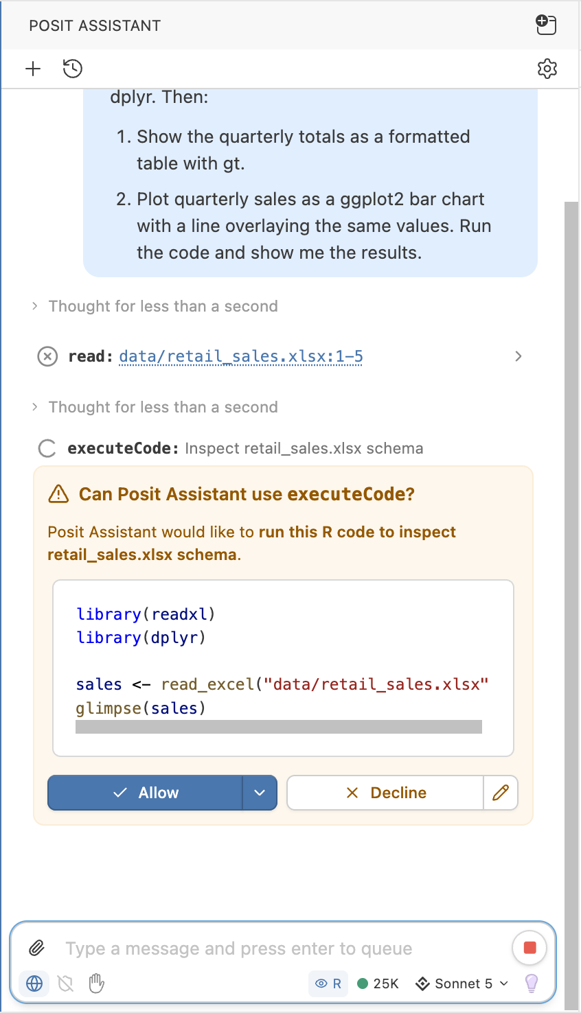A chat with Posit Assistant asking permission to run lines of code.