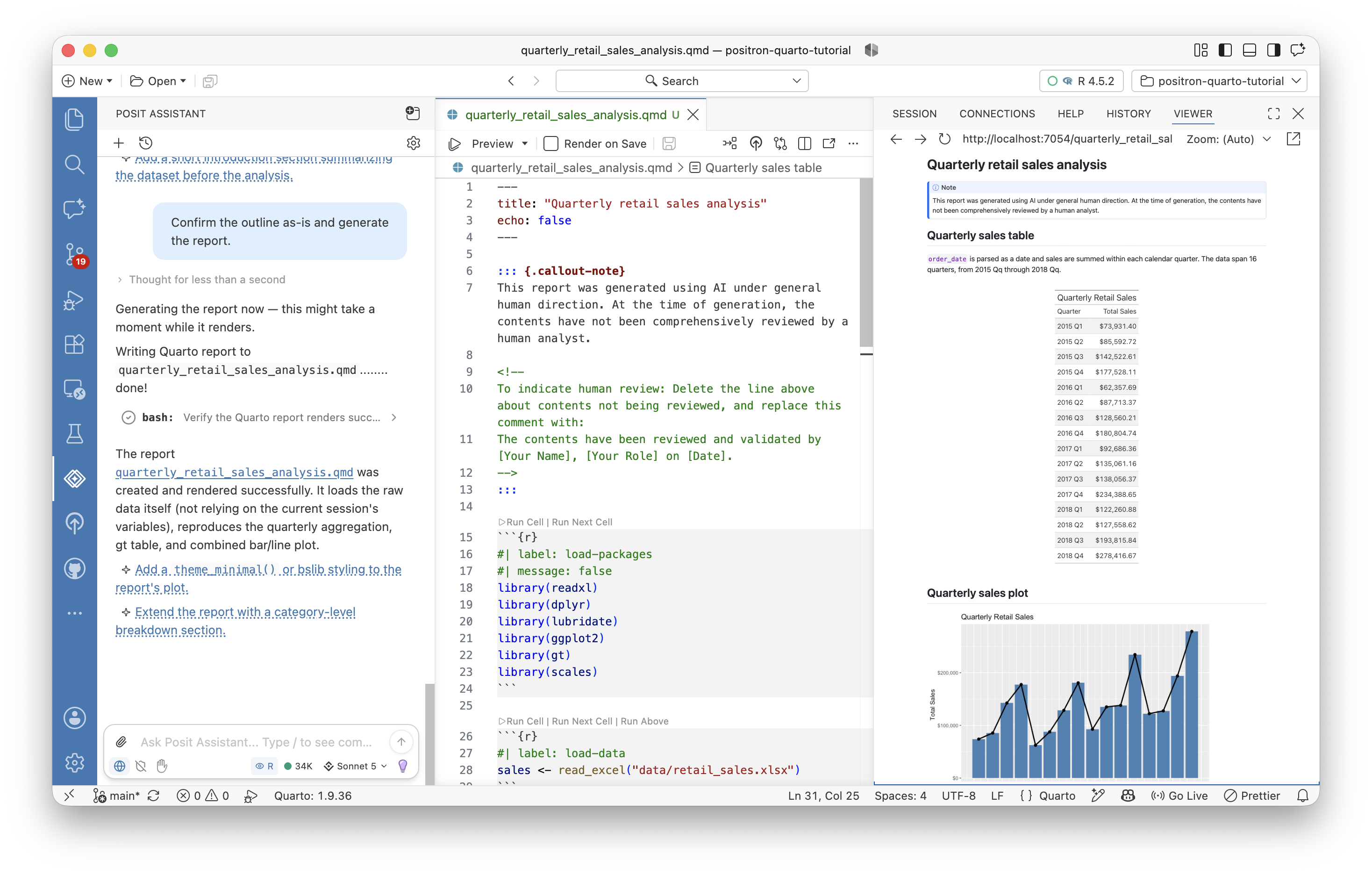 Positron showing a Quarto document in the editor with a rendered HTML preview in the Viewer pane.