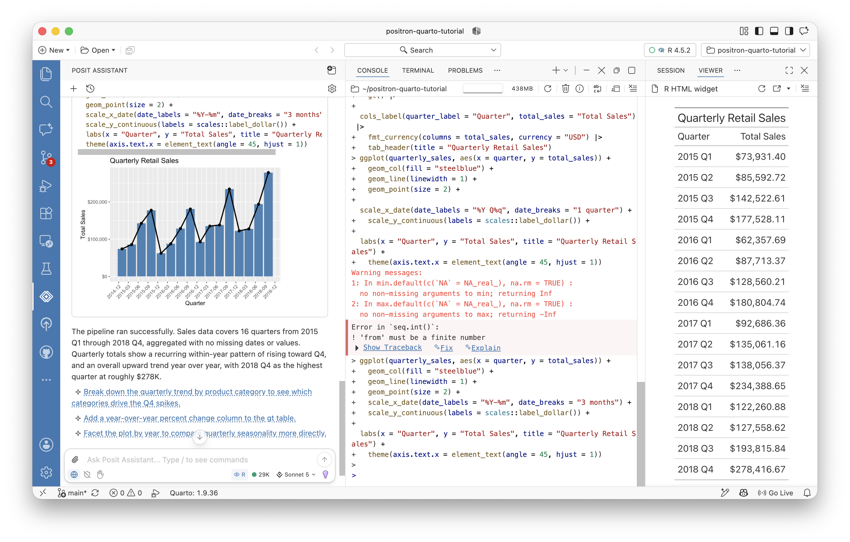 The Positron IDE showing a chart in the chat and a table in the viewer sidebar.